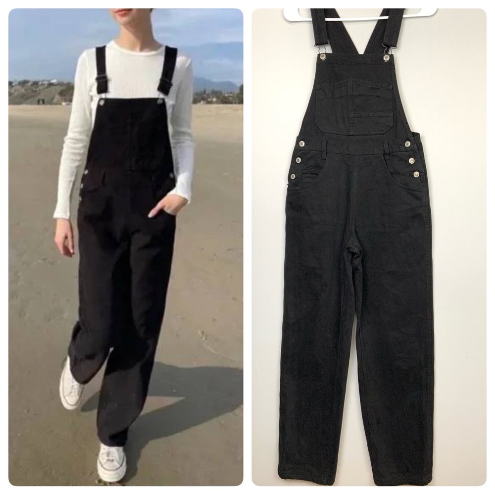 John Galt Brandy Melville Small‎ Haley Black Denim Overalls Straight Baggy Leg